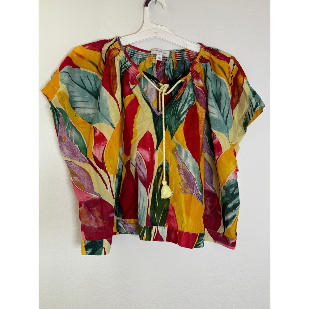 Marc New York Jeans Tropical Leaf Print Peasant Top Tassel V-Neck Large